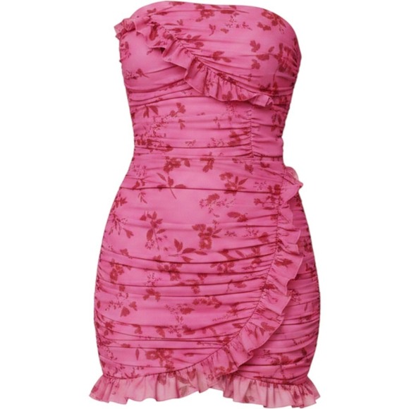 Wild Fable Dresses & Skirts - Womens Ruched Ruffle Tube Mini Bodycon Dress Pink Floral Strapless Large